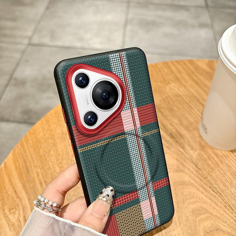 For Huawei Pura 70 80 Pro Plus Ultra Case Red Green Stripe Leather Magsafe Individual Metal Keys Matte Anti-Slip Grip Soft Cover