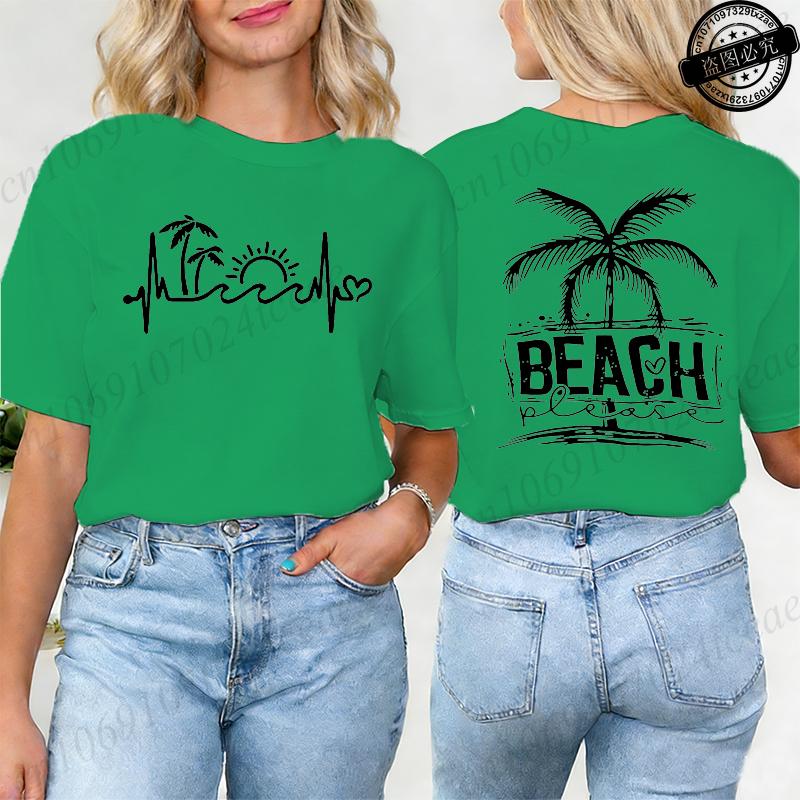 Summer Beach The Beach Is My Happy Place Graphic T Shirts Women Casual Short Sleeve O Neck Loose Fit Ladies Vacation Tee Tops