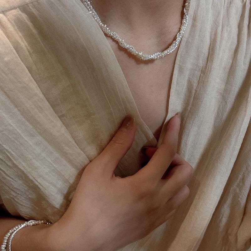 S925 Sterling Silver Double-Layer Necklace Bracelet with Pearls and Sparkling Sand