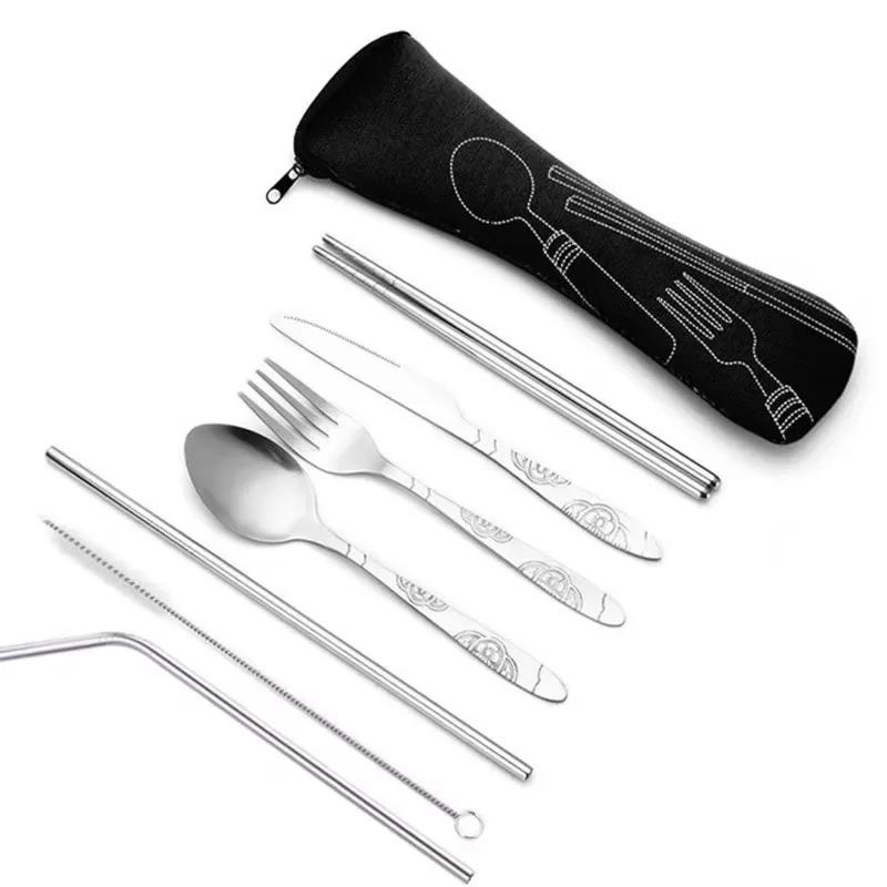 Outdoor Portable Cloth Bag Knife Fork Spoon Chopsticks Straw Rich Flowers Seven Sets 7pcs/ Set Stainless Steel Tableware Set