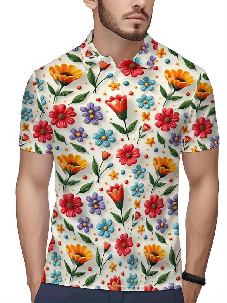 Men's Short Sleeve Polo Shirt with Flat Digital Print Pattern - No Texture