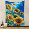 "Bright Sunflower Blossom Art On Blue Patterned Tapestry for Bedroom and Living Room Home Decor"