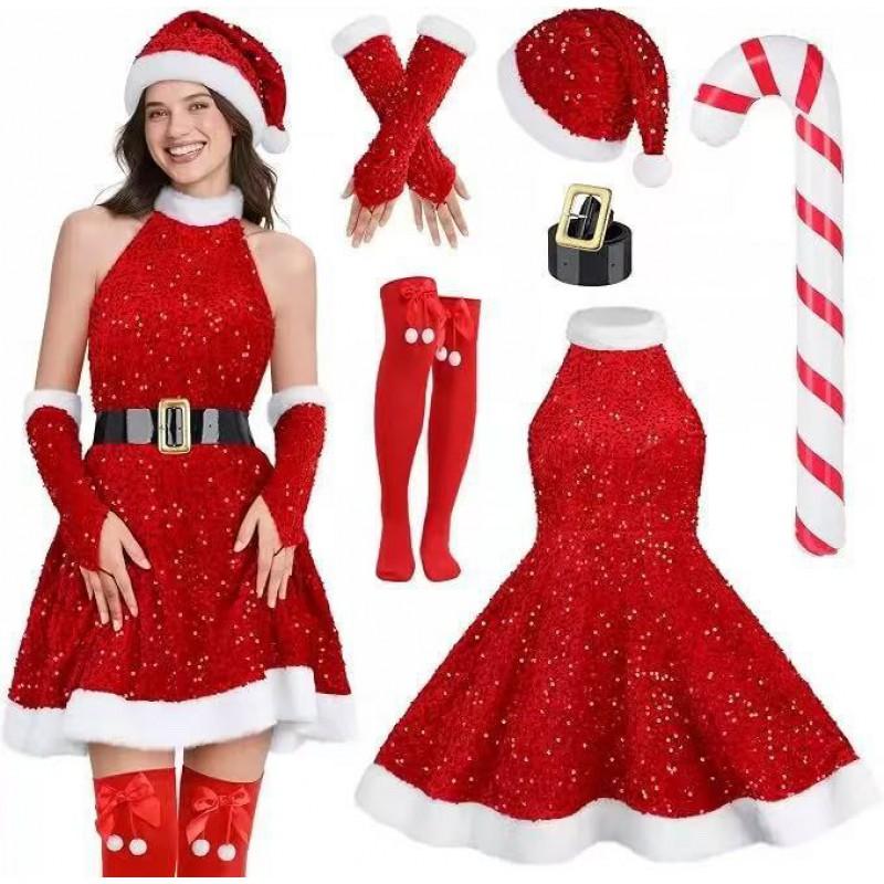 Womens Christmas Elf Costume Green Sequin Party Dress With Hat Set Festive Performances