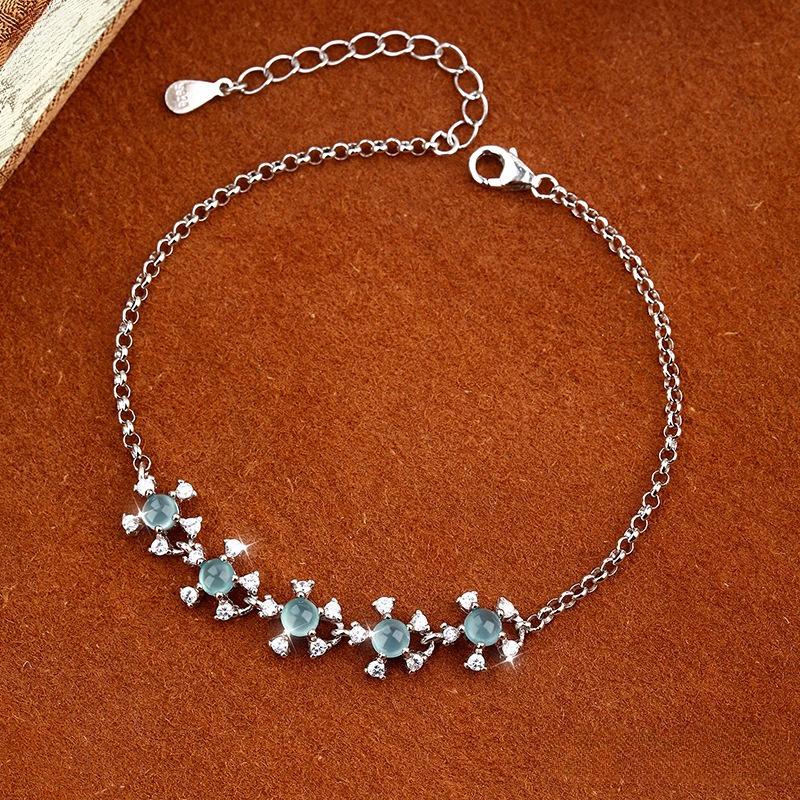 Natural blue water jadeite jewelry s925 sterling silver non-fading bracelet women's rough stone high-end design fashion retro jewelry gifts