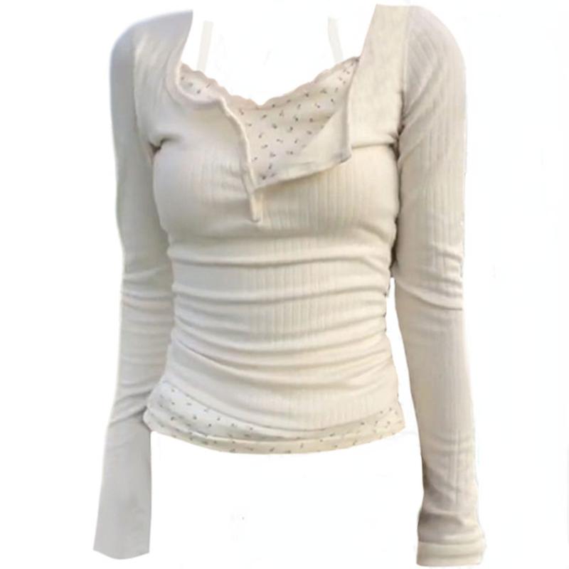 

Модные простые белые футболки Mori Girl с круглым вырезом, укороченный топ Gyaru, тонкие повседневные футболки с длинными рукавами Gyaru, эстетичная осень-зима 2000-х годов S бежевый