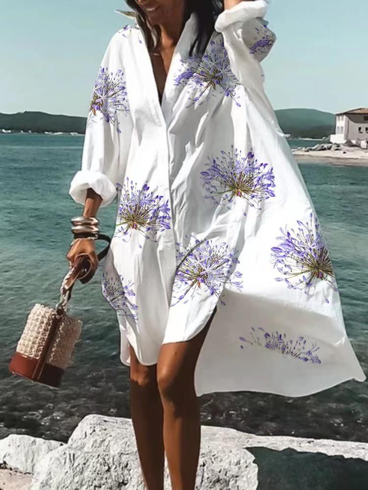 Trendy 3D Floral Print Lapel Long Sleeve Dress