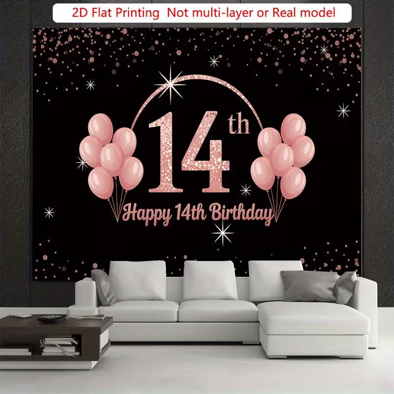 Sfondo 2D per Festa di 14° Compleanno, Sfondo Fotografico con Palloncini Nero Oro Rosa