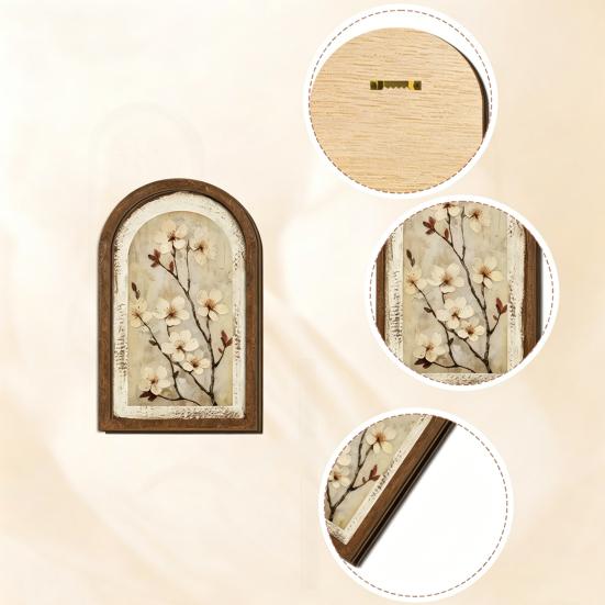 Vintage Framed Wall Art, Curved Wooden Floral Wall Art, Arched Wood Framed Wall Art, Rustic French Country Style Paintings for Bedroom