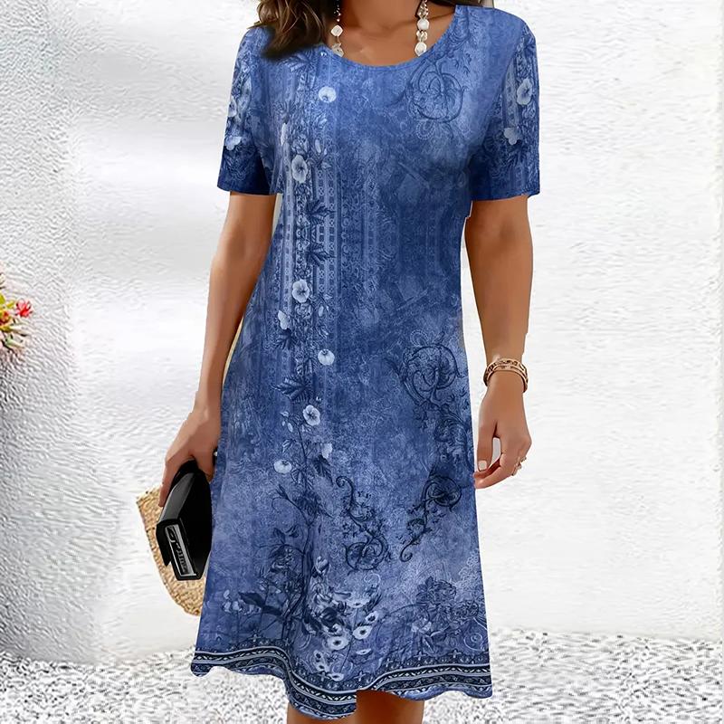 

Модное женское свободное платье-трапеция с ретро-узором и принтом в виде листьев с коротким рукавом XS синий