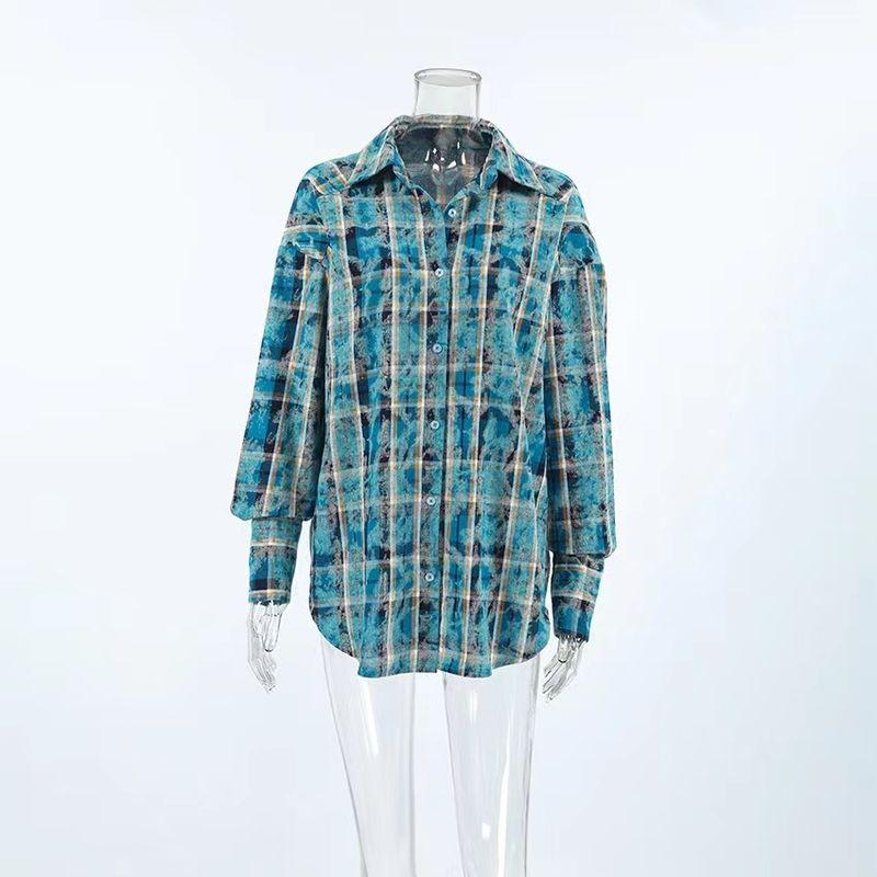 

Fashion Style Pattern Loose Long Sleeves Lapel Shirt Easiest for Match Cardigan Shirt Checkered Loose Shirt Plaid M