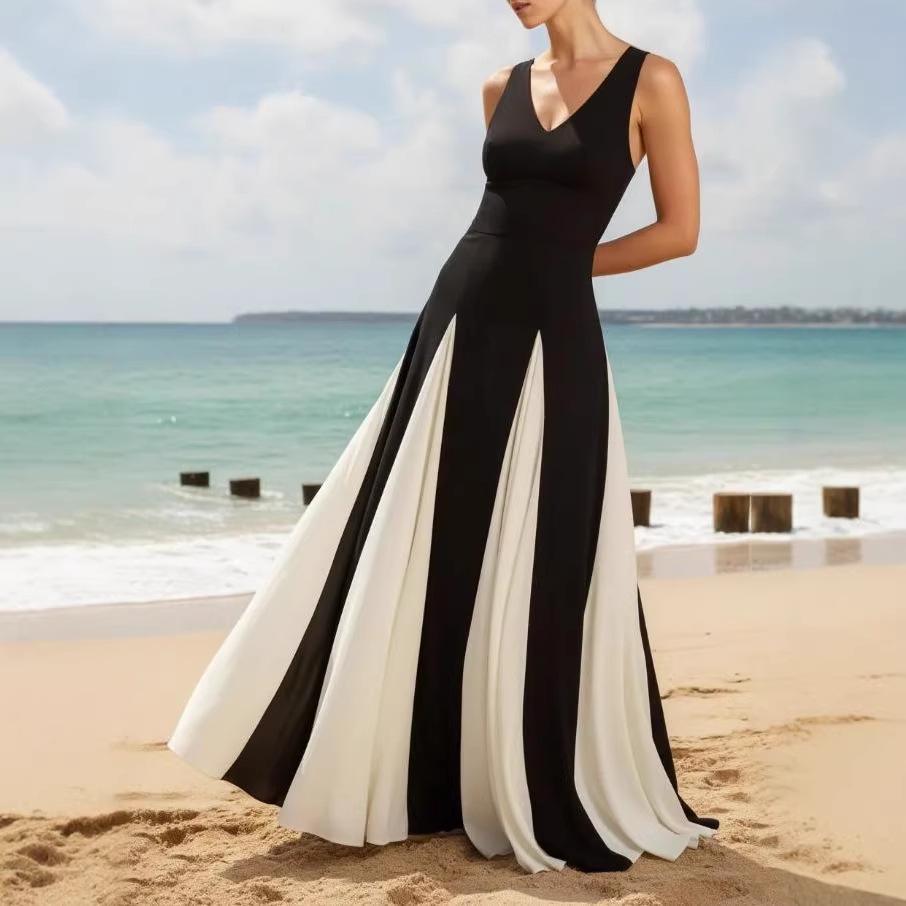 

Элегантное летнее платье без рукавов с V-образным вырезом и пэчворк для женщин Medium чёрный