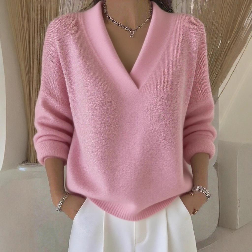 Women Clothing V-neck Knitted Sweater Pullover Autumn Winter Solid Color Loose Long-sleeved Knit Sweater Female Tops Jumper