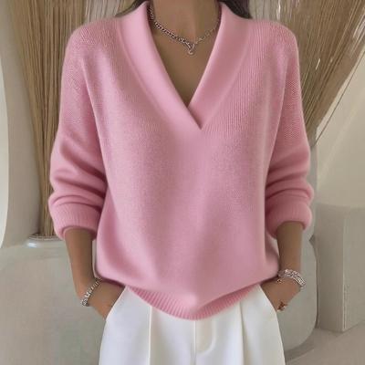 Women's V-Neck Soft Knit Sweater Solid Color Loose Fit Long Sleeve Pullover