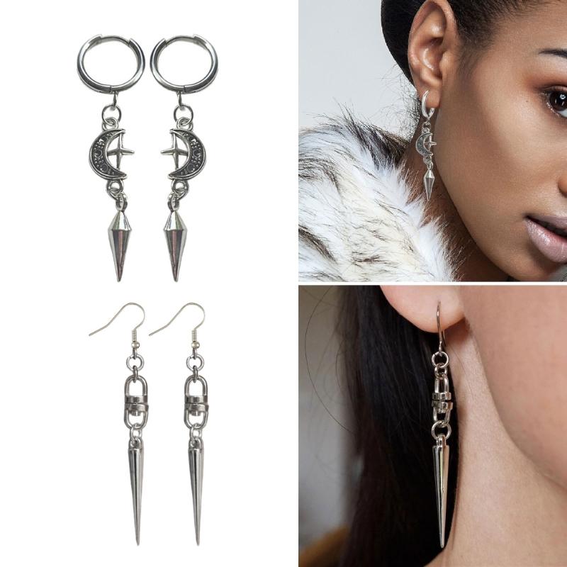 Gothic Spikes Earrings with Moon and Star Pendant Comfortable Ear Hoops Stylish Punk Accessories for Women Man