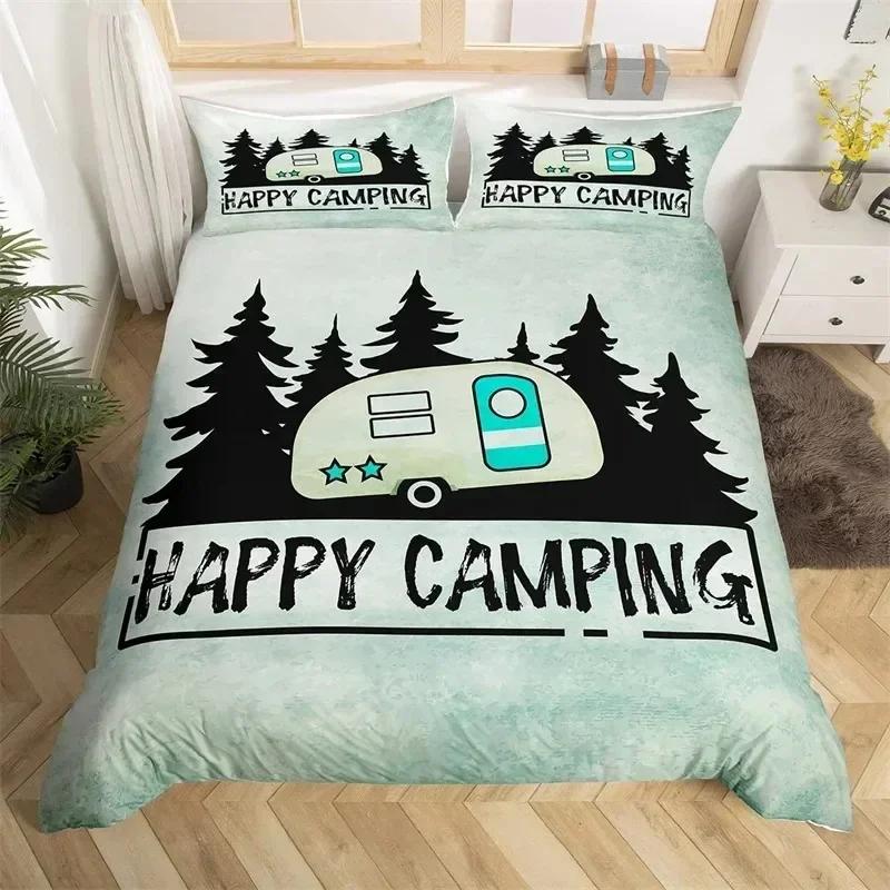 Happy Camping Duvet Cover Queen Cartoon Caravan Camping Bedding Set Farmhouse Style 3D Camper Comforter Cover With Pillowcases02