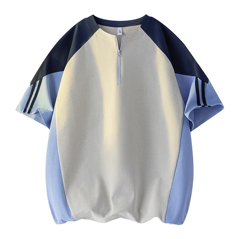Outdoor Summer Antibacterial, Moisture-absorbing, Quick-drying Sports Short-sleeved T-shirts For Men And Women, Loose Contrasting Color Half-zip Tops