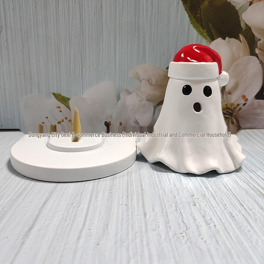 

Ghost Incense Burner: Halloween Resin Ornament with Christmas Hat