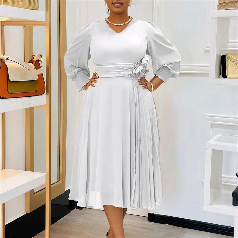 

Fashion Women Dress Ladies Skirt Spring and Autumn Solid A- line Skirt Plus size Cross-Border Dress White 3XL