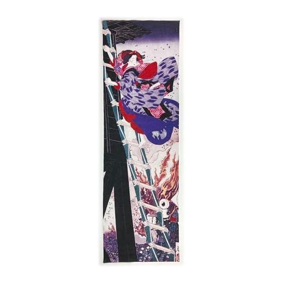 Yoshitoshi Tsukioka "Shchikubai Yushima Kakugaku" Ukiyo-e Tenugui (Japanese Towel) - "Yaoya Oshichi" Climbing a Fire Watchtower - 105cm x 35cm, 100%