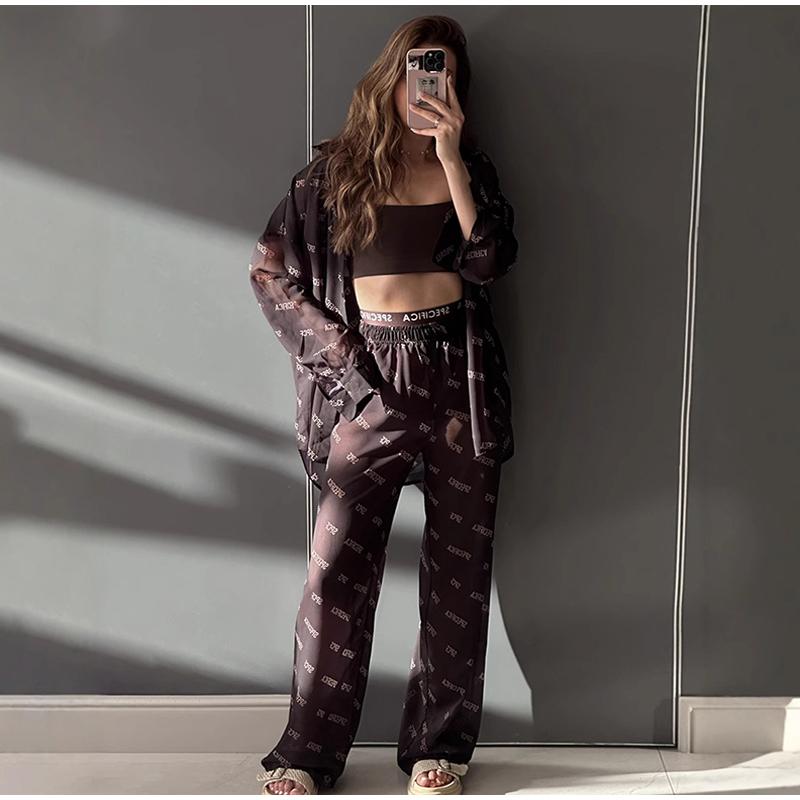 

Летний женский комплект из 2 предметов, брюки, повседневный прозрачный праздничный кардиган и женские брюки с высокой талией, спортивный костюм 2025 M кофейный