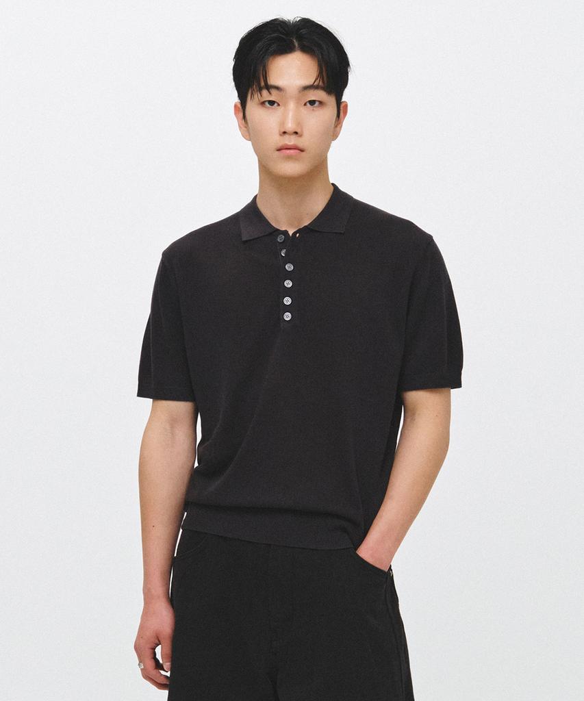 ECORR Linen Henley Neck Collar Crop Short Sleeve Knit_Charcoal