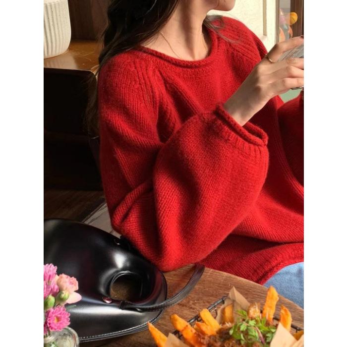 

Foreign-style knitted sweater sweater pullover gentle new women s autumn thick stick needle loose casual lazy wind One size червоний
