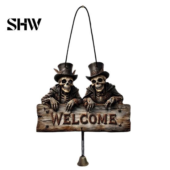 Handmade Retro Wood Craft Halloween Wooden Welcome Hanging Sign, Vintage Farmhouse Door Hanger with Skeleton Pumpkin Rustic Holiday Sign Ghost,