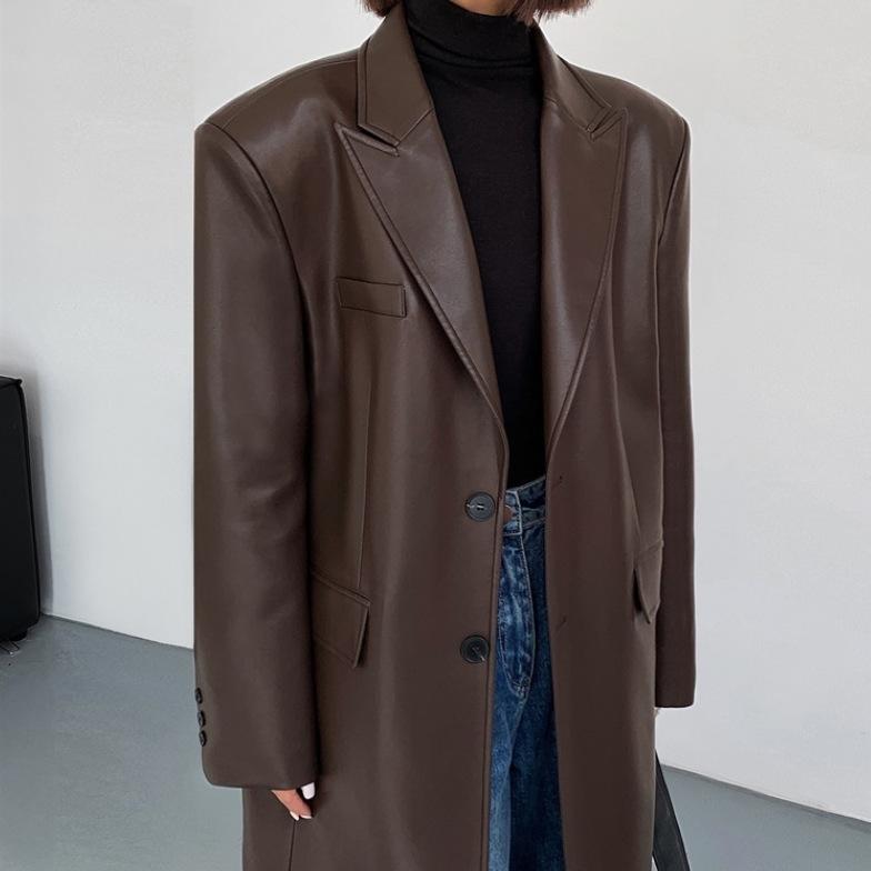 Black Medium and Long Leather Jacket Women's Spring and Autumn Fashion Loose Knee Pu Leather Blazer Coat Trendy