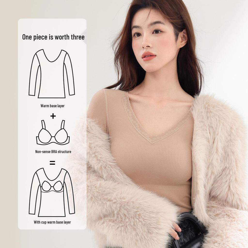Women’s Cashmere Silk Slimming Underwear Set with Built-In Bra: Warm Cotton-Wool Long Sleeve Top & Bottoms for Autumn/Winter