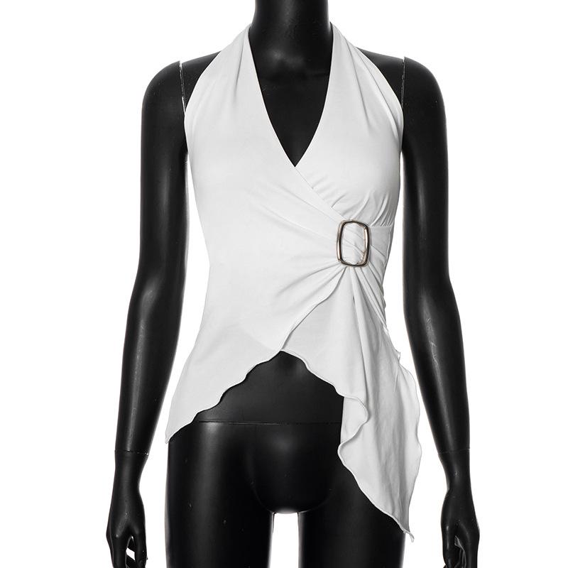 

European and American Women s Summer Solid Color Sleeveless V-neck Cross Halter Top Small