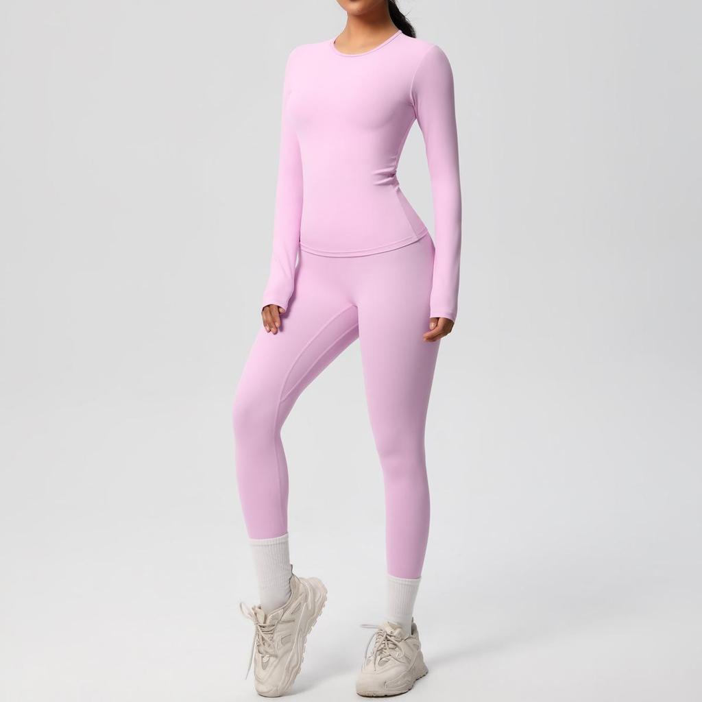 Dual-Sided Solid Color Long-Sleeve Yoga and Running Set - Two-Piece Fitness Outfit