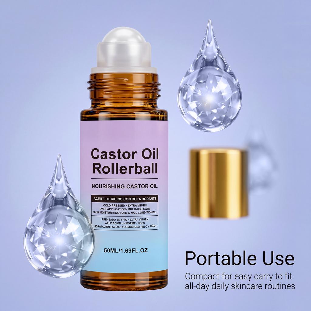 Moisturizing Castor Oil Rollerball Nourish Skin Smooth Cuticles Hydrate Hair Silky Shine Lightweight Care Oil 50ml