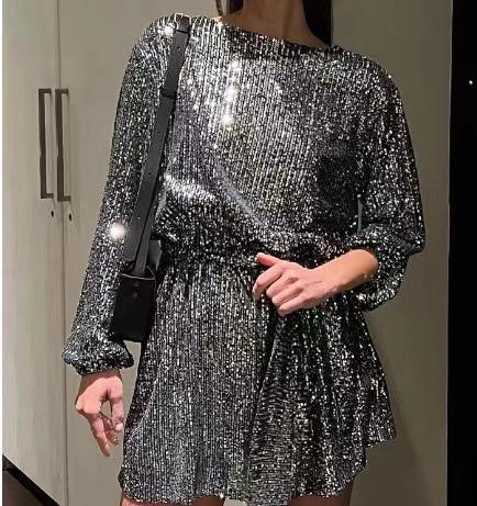 European And American New Holiday Party Fashion Sequins Beads Solid Color Waist Dress Small Dress Dress