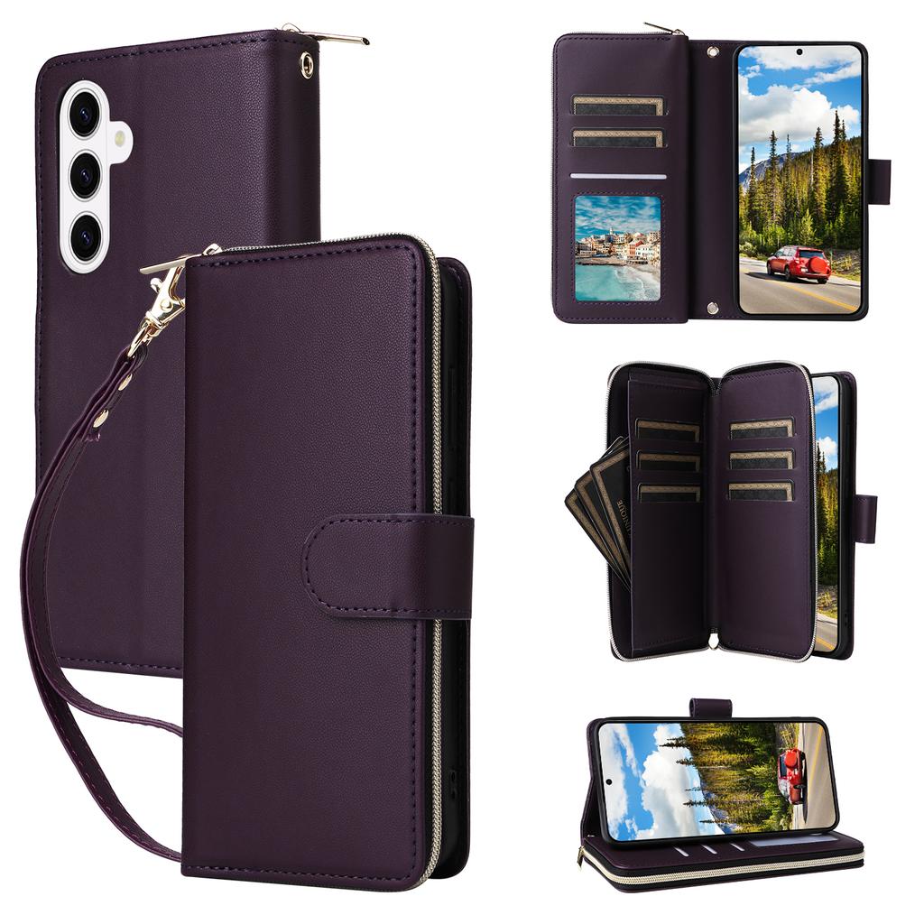 For Samsung Galaxy S26+ Case 9 Card Slots Zipper Pocket PU Leather Phone Cover with Wrist Strap