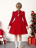 Red Sequin Christmas Princess Dress with Puff Sleeves and Gold Velvet for Girls
