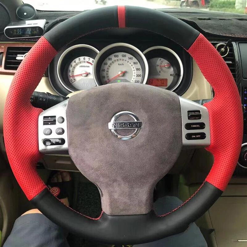 

Для Nissan Tiida Versa Note Livina Sylphy Черно-красная кожаная оплетка на руль автомобиля, сшитая вручную, противоскользящая 1