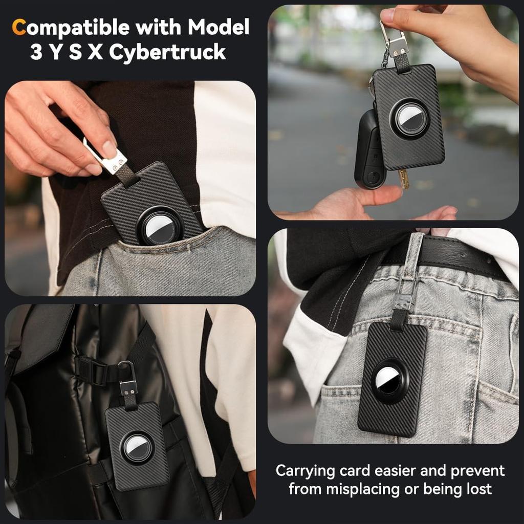 Key Card Holder for Tesla with AirTag Slot TNSNK Carbon Fiber Cover Protective Card Case with Keychain for Tesla Key 3 Y S X (Black)