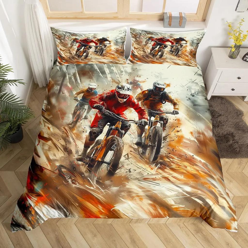 Bicycle Rider Duvet Cover Toddler Size for KidsMountain Bike Bedding Set for Teens AdultsWatercolor Quilt Cover