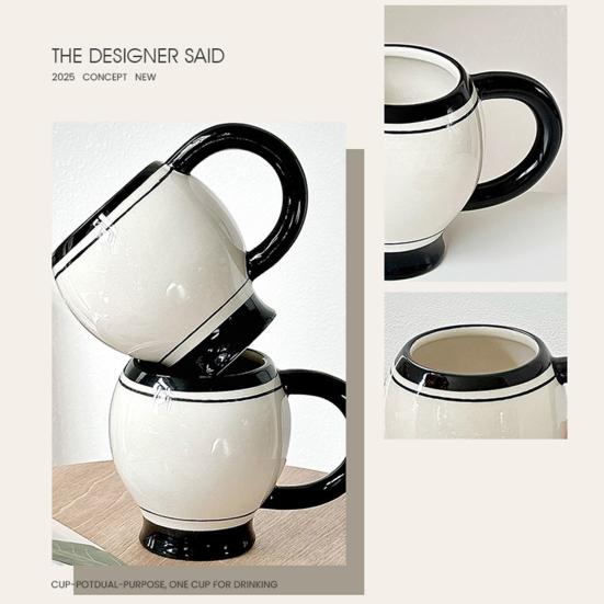 Coffee Cup 310ml Minimalist Ceramic Tea Mug Thickened Retro Black & White Coffee Cup with Ergonomic Handle Juice Milk Water Cup for Home Office