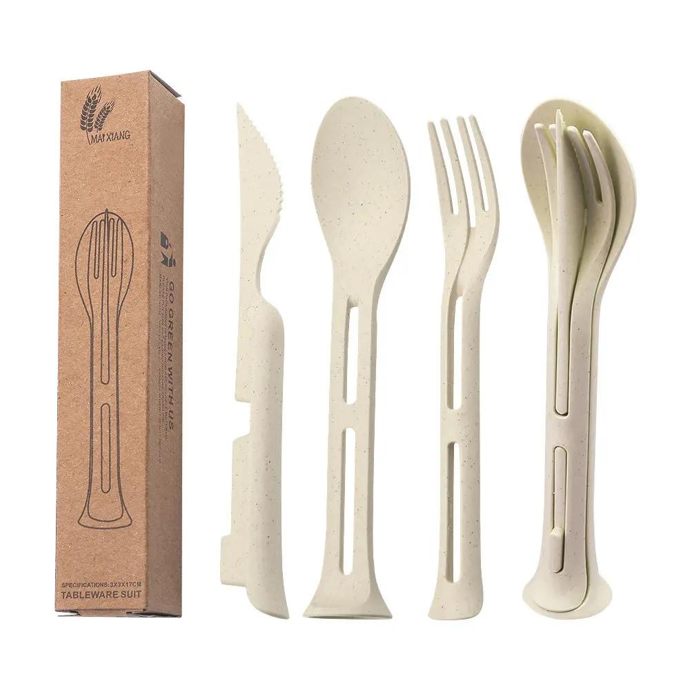1 Sets Wheat Straw Portable Knife, Fork, Spoon Set for Home Outdoor Fresh Three Piece Set for Travel Folding Wheat Tableware