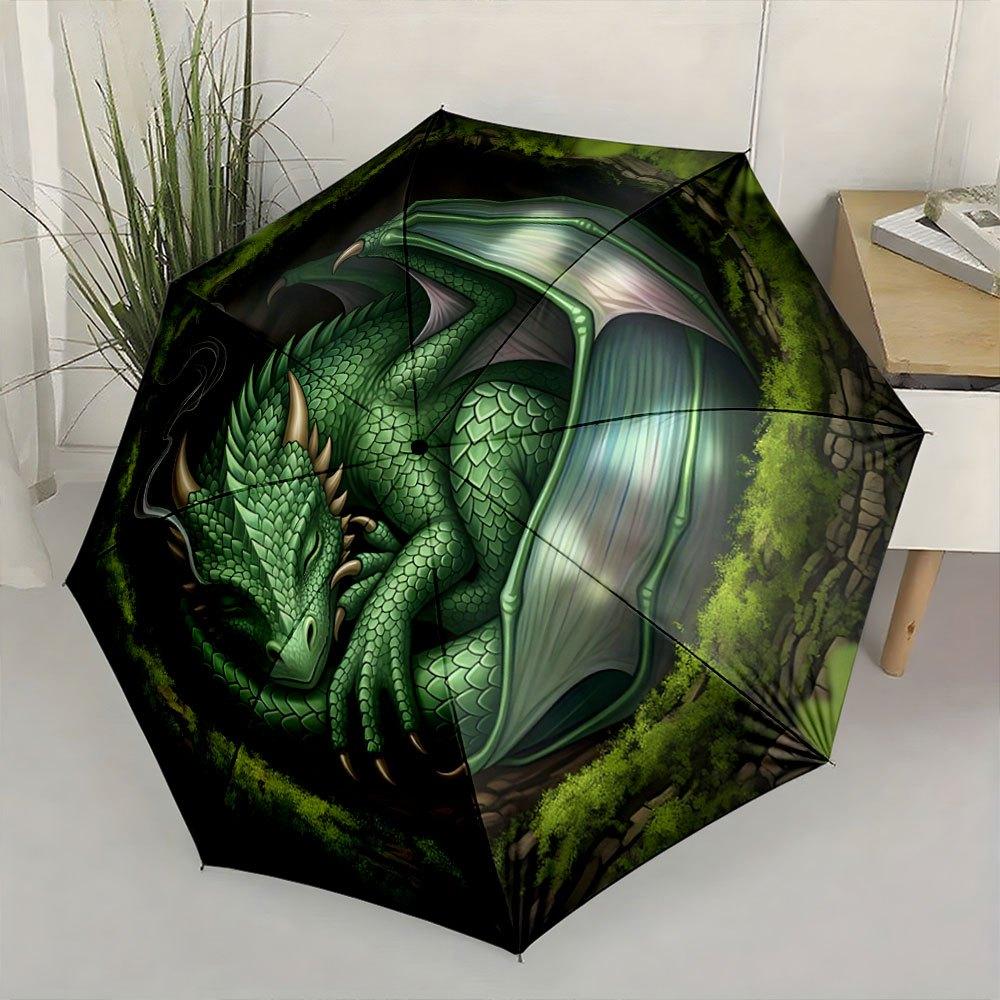 Automatic Open/Close Folding Umbrella with Green Dragon Design - Compact Travel Umbrella, Sturdy 8-Rib Shaft, Lightweight & Po