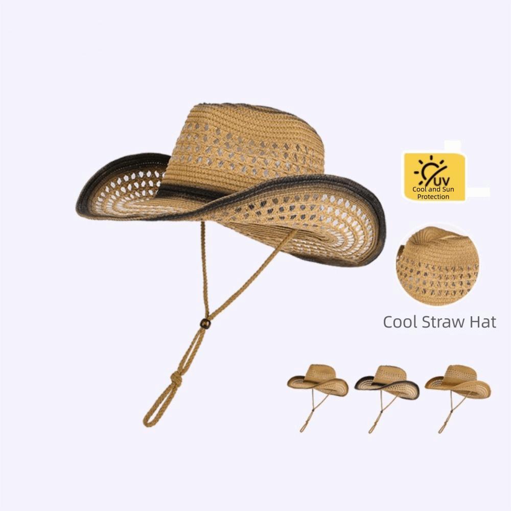 Summer Western Cowboy Hat Wide Brim Cowgirl Visor Cap Vintage Grass Hat  Bucket Hat