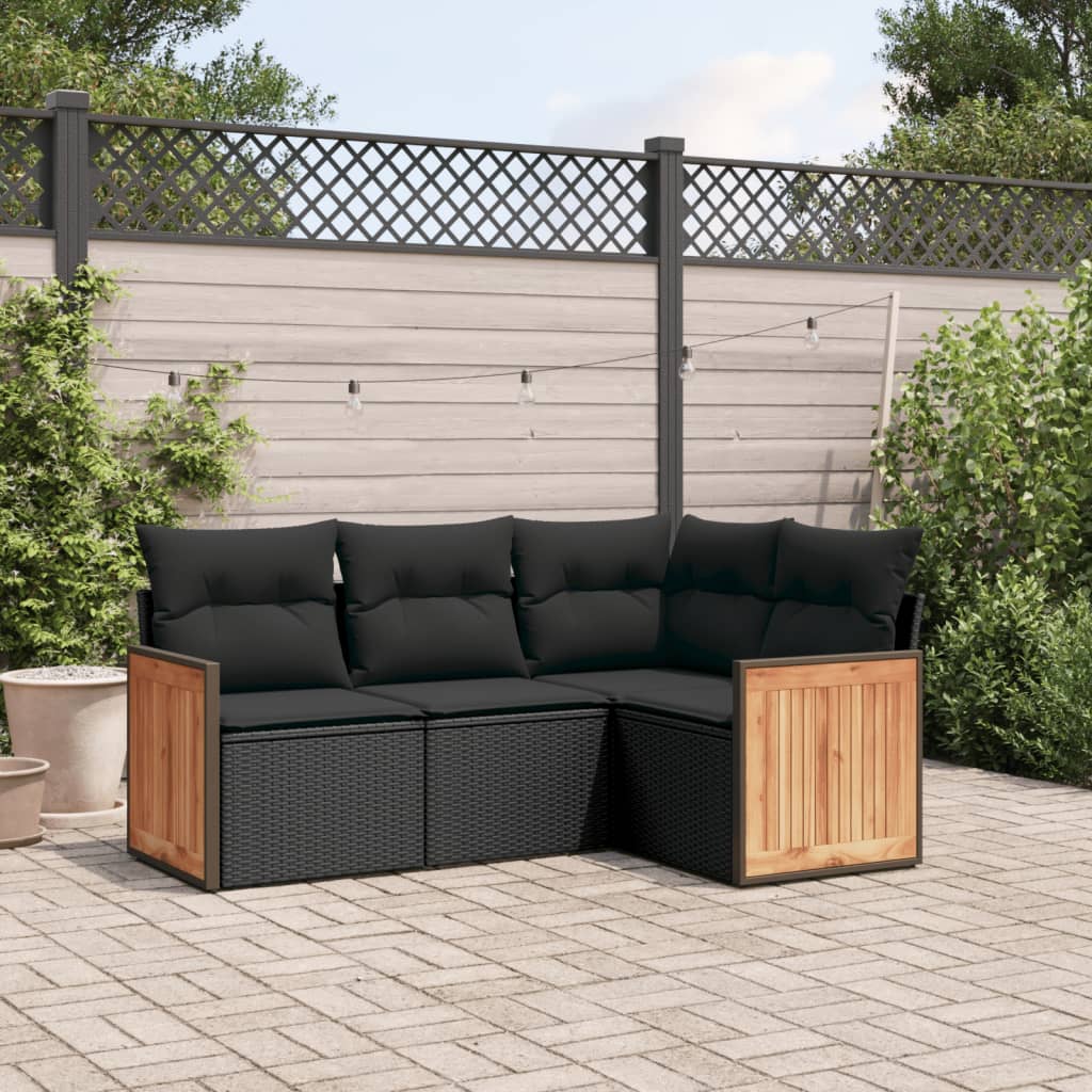 4 Piece Outdoor Sofa Set with Cushions Black Poly Rattan