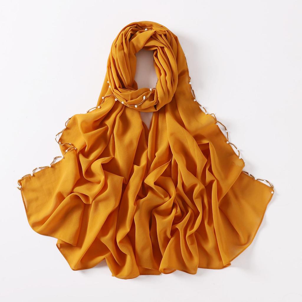 New Pearl Chiffon Hijab Scarf Copper Chain With Black Crystal Pearls Women Muslim Fashion Hijabs For Women Ramadan Turban Femme