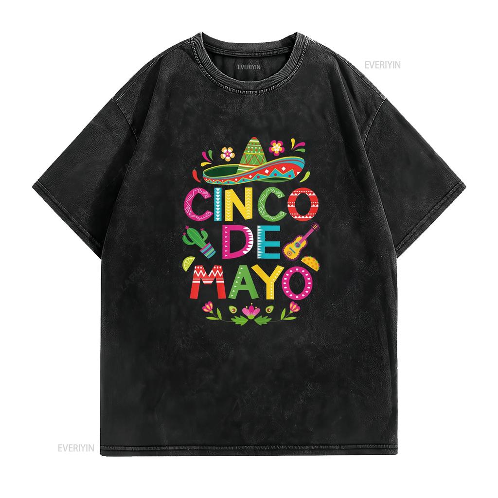 Cinco De Mayo for Womens T Shirt Kids Mexican Fiesta Cactus Black vintage Washed Stretched homme fashion Stylish Breathable