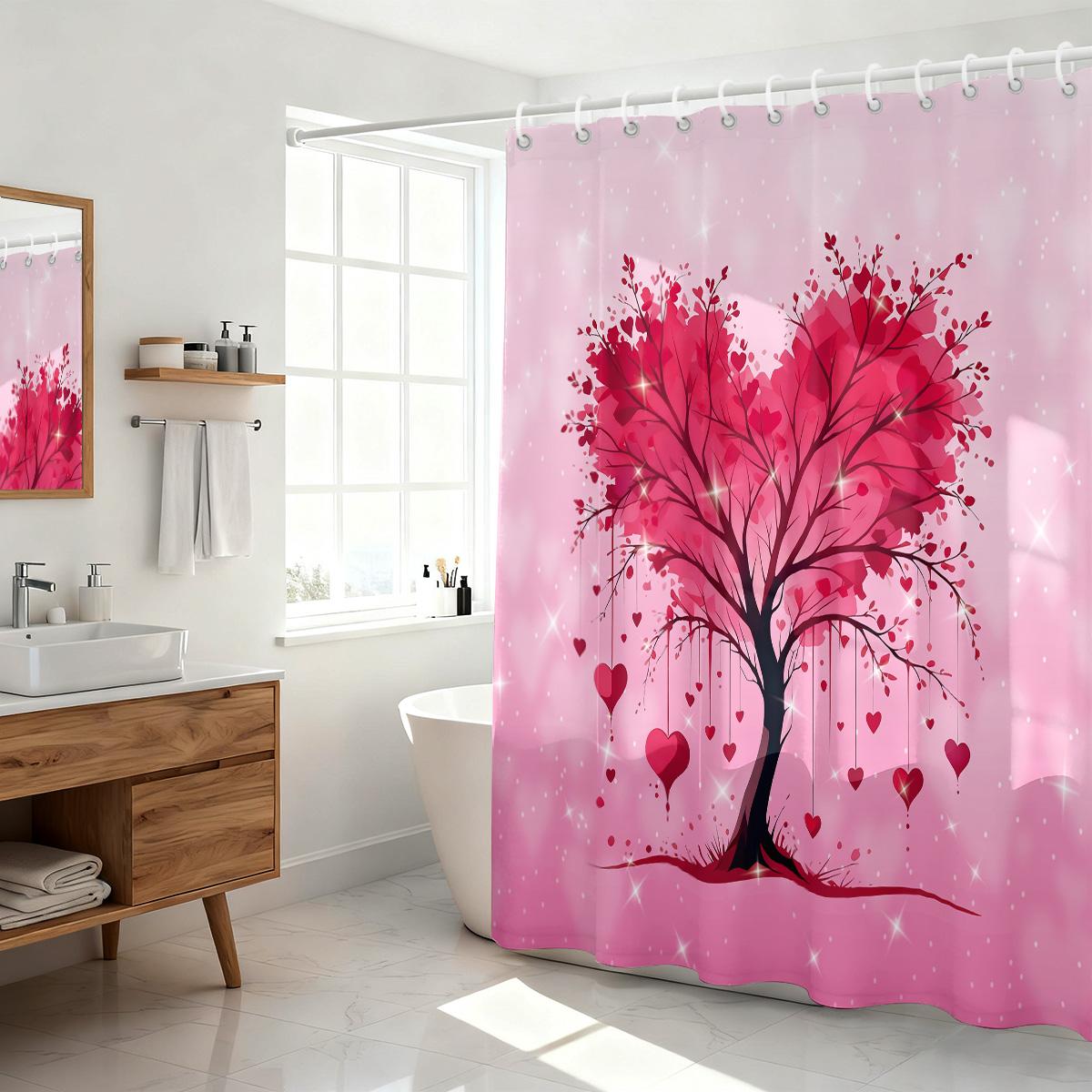 

1Pc Valentine S Day Romantic Love Tree Printed Waterproof Privacy Shower Curtain With 12 Hooks Multiple Sizes Easy To Install W60H190(CM)-1 Pcs