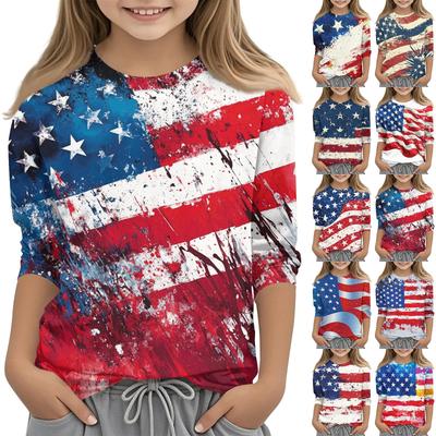 Children's 7-point Sleeve Printed Independence Day Crew-neck Casual T-shirt
