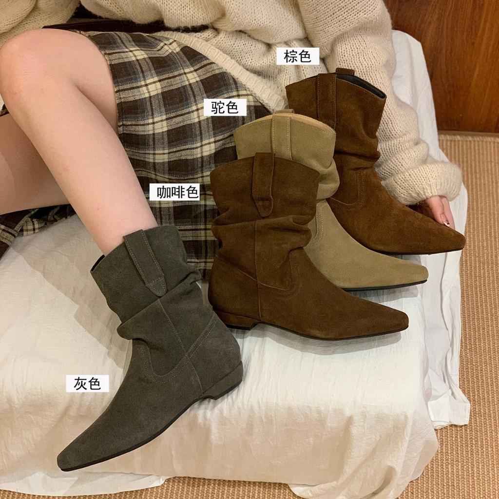 Verze z hovězí kůže! Retro dámské nízkopodpatkové špičaté westernové kovbojské pile boty podzim a zima nové Martensky univerzální tenké boty