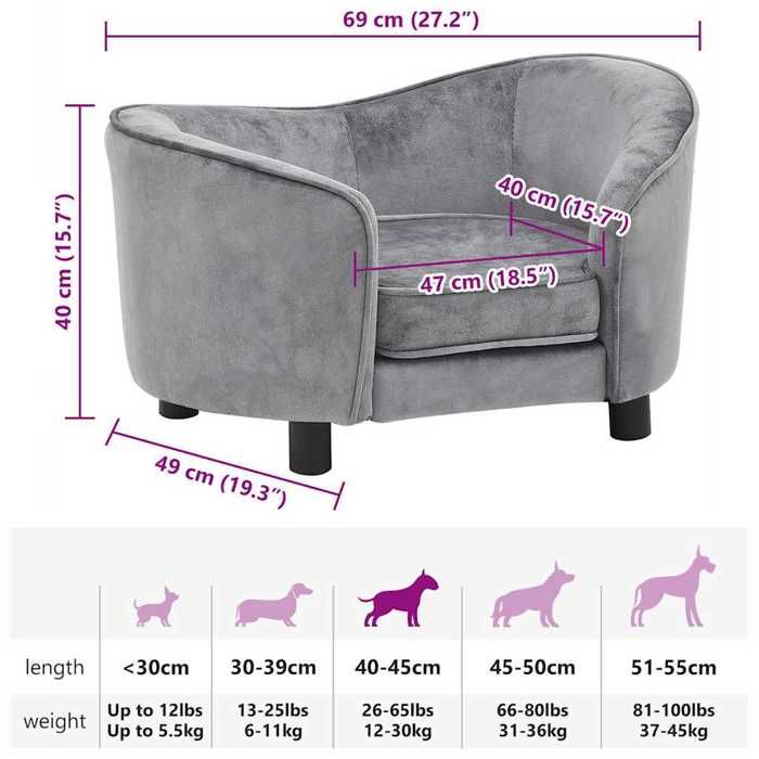VidaXL Dog Sofa Grey 69x49x40 Cm Plush Sofa for Cat Animals 170941