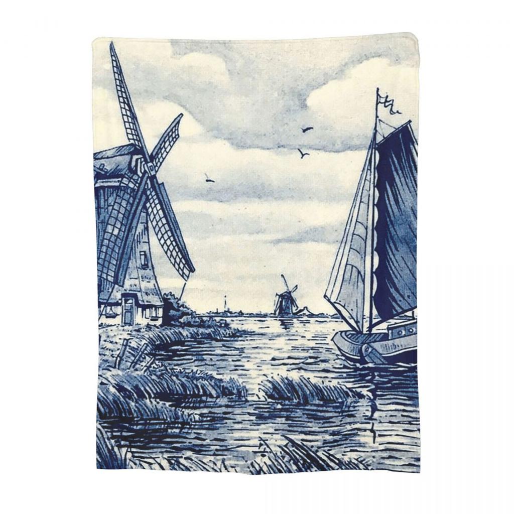 Dutch Blue Delft Vintage Windmill Blankets Soft Warm Flannel Throw Blanket Cover for Bed Living room Picnic Travel Home Couch